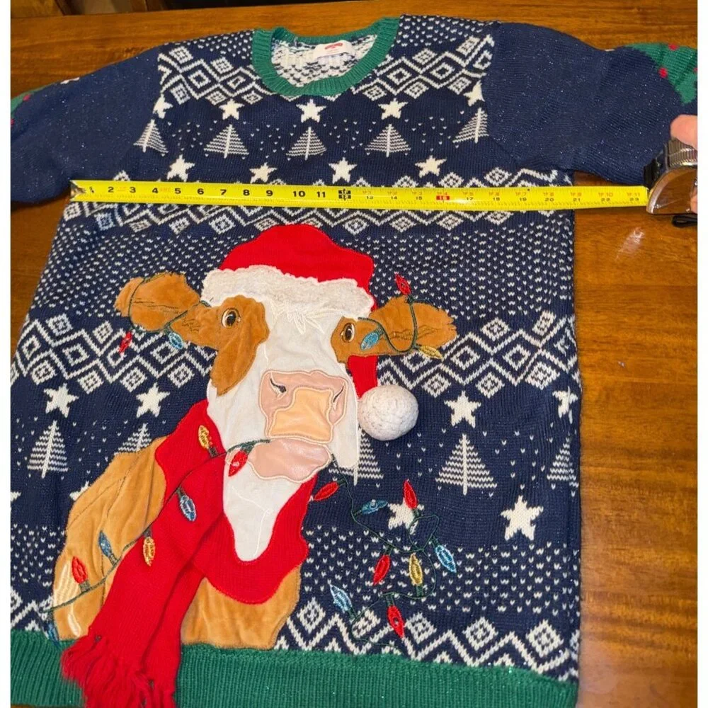 Ugly Christmas Sweater Cow Holiday Knit Pullover With Lights & Santa Hat - Picture 6 of 8